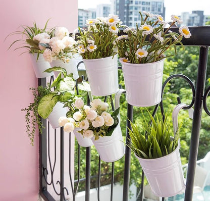 Dahey 10 Pcs Hanging Flower Pots Metal Iron Bucket Planter for Railing Fence Balcony Garden Home Decoration Flower Holders with Detachable Hooks, White, 4 Inches