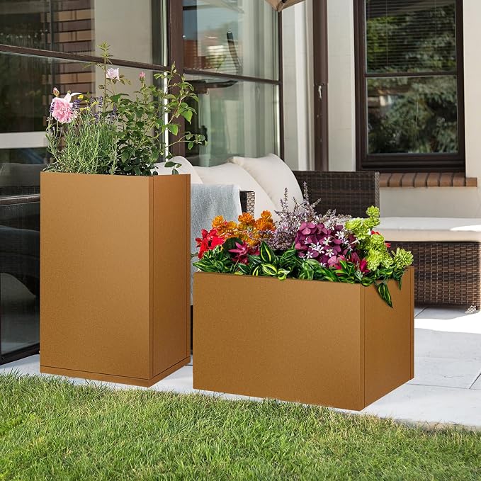 32"x16"x16" Corten Steel Planter Box, Heavy-Duty Rust Resistant Steel Planter with Drainage Hole, Modern Rectangular Metal Planter for Outdoor Indoor Patio Garden Yard