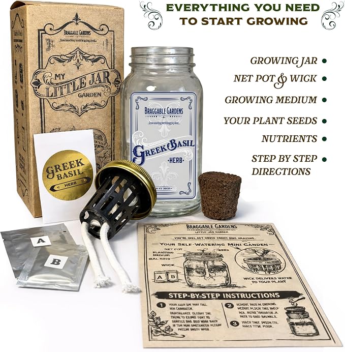 Greek Basil Indoor Herb Garden Kit – Mason Jar Hydroponic Grow Kit – Windowsill Countertop Basil Planter – Grow Fresh Basil Indoors