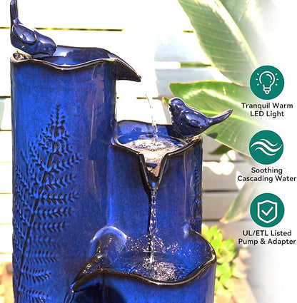 Autodaya 32" H Ceramic Outdoor Water Fountain with LED Lights, 4-Tier Vase | Cascading Waterfall with Cobalt Blue Glaze, Fern-Texture, Upgraded Pump, Bird Water Feature for Garden Patio Yard Porch Decor