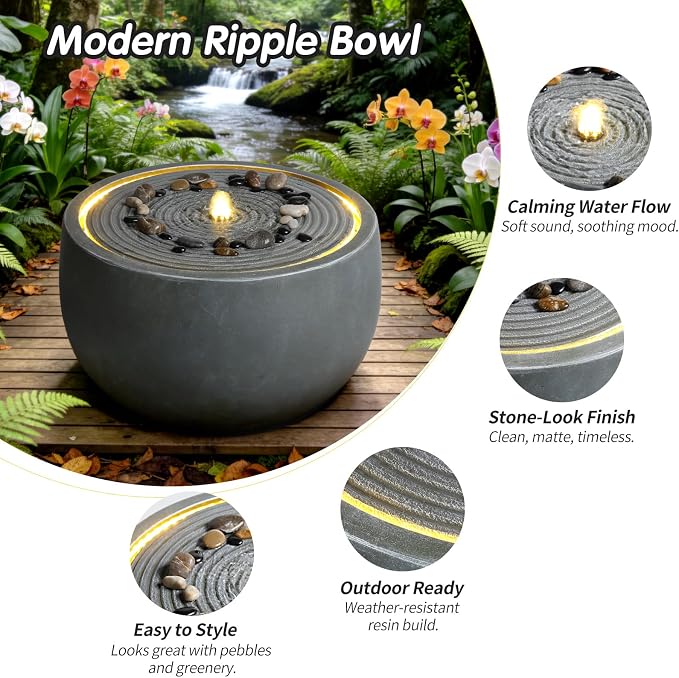 12.2" Outdoor Water Fountain, Modern Round Bowl Ripple Design, Outdoor Fountain with LED Lights, Outdoor Freestanding Fountain with Pump, Garden Water Feature, Concrete Bowl, Blue Gray