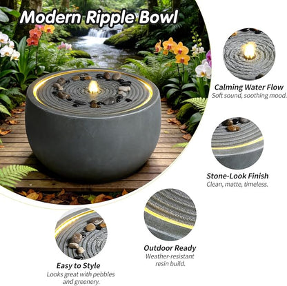 12.2" Outdoor Water Fountain, Modern Round Bowl Ripple Design, Outdoor Fountain with LED Lights, Outdoor Freestanding Fountain with Pump, Garden Water Feature, Concrete Bowl, Blue Gray