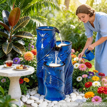 Autodaya 25.5" Ceramic Outdoor Water Fountain with LED Lights, Bamboo-Style | Unique Cobalt Blue Natural Leaf Dragonfly Texture Water Feature, 3-Tier Cascading Waterfall for Garden Patio Yard Relax Oasis