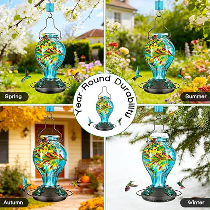 Hand Blown Glass Hummingbird Feeders for Outdoors Hanging, 24oz Wild Bird Nectar Feeder with Ant Moat and Perch, Bee-Resistant Ports, Garden Decor, Gifts for Women Mom, 1 Pack, Blue Phoenix