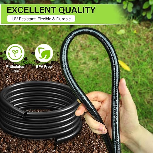 Bonviee 50FT 5/16 Inch Mainline Tubing with 6-Way Couplers, 4-Pack | Compact Mainline Kit for DIY Irrigation. Four Push-to-Connect 6-Way Couplers Help Create Branches in Raised Beds and Gardens.