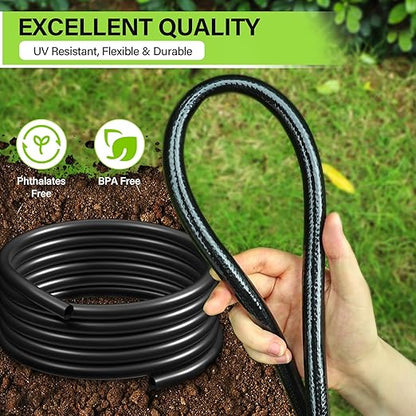 Bonviee 50FT 5/16 Inch Mainline Tubing with 6-Way Couplers, 4-Pack | Compact Mainline Kit for DIY Irrigation. Four Push-to-Connect 6-Way Couplers Help Create Branches in Raised Beds and Gardens.