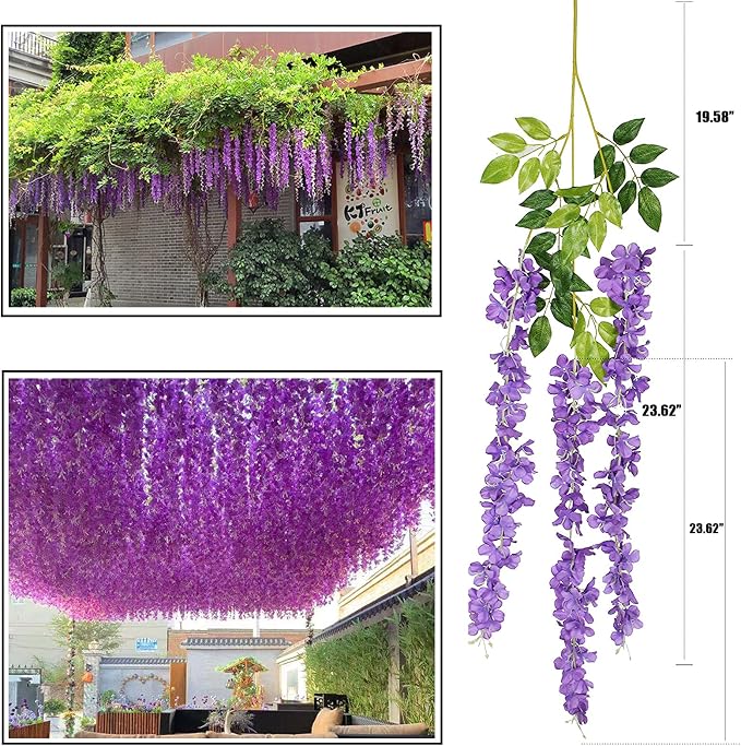 Artificial Wisteria Hanging Flowers Fake Wisteria Flower Garland Silk Vines Rattan Decor for Home Wedding Arch Wall Garden Greenery Bedroom Outdoor Office Party Decoration (36, Light Purple)