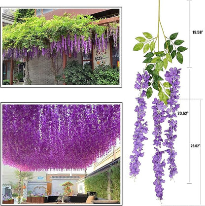 Artificial Wisteria Hanging Flowers Fake Wisteria Flower Garland Silk Vines Rattan Decor for Home Wedding Arch Wall Garden Greenery Bedroom Outdoor Office Party Decoration (24, Light Purple)