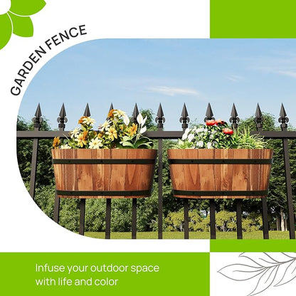 2PACK Wooden Cute Hanging Flower Pots for Railing Fence Outdoor Planter Railing Planter Boxes for Plants Wall Planters Window Flower Box Hanging Bucket Pots Countryside plant Holder (Brown,2pcs,Large)