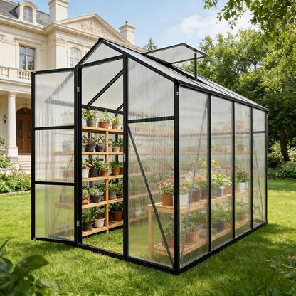 6x8 FT Greenhouse, Walk-in Heavy Duty Polycarbonate Outdoor Greenhouses with Raised Base & Anchor, Height-Enhanced Aluminum Frame, & Drainage System for Backyard All Season Growing, Black