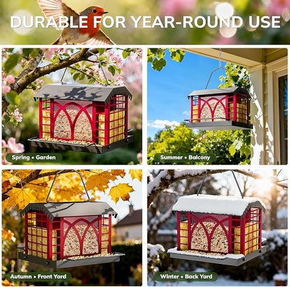 Bird Feeders for Outdoors Hanging, Metal Bird Feeder with Double Suet Cage Weatherproof Metal Roof, 3.5Lbs Large Capacity Great for Attracting Finch Cardinal Chickadee Wild Birds, Berry Red