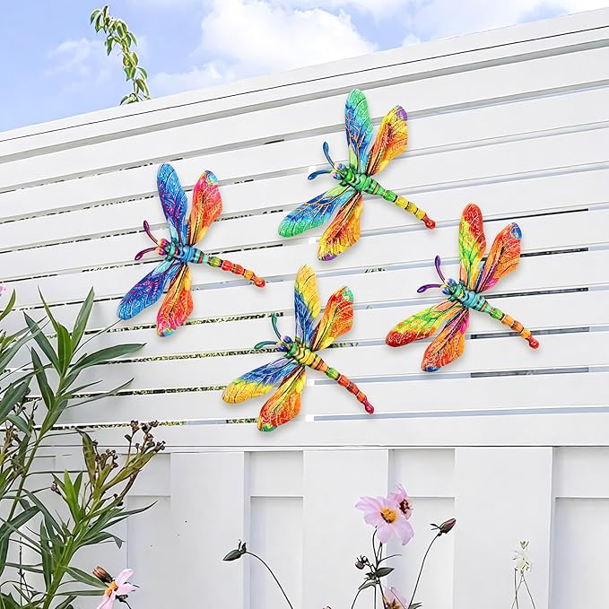 SUNREEK Metal Dragonfly Wall Decor - 9.6" Outdoor Fence Wall Art, Hanging Decorations for Garden Yard Patio Room Decorations, 4 Pack (Color- 4)