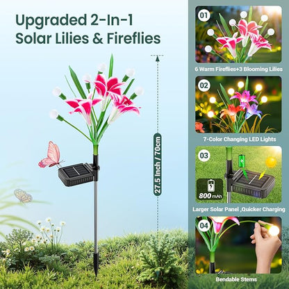 WdtPro Upgraded Solar Lights Outdoor Garden Decor: 4 Pack Solar Firefly Swaying Light with Color Changing LED Lily, Waterproof Decorative Flowers for Yard Patio Pathway Lawn, Gardening Gifts for Women
