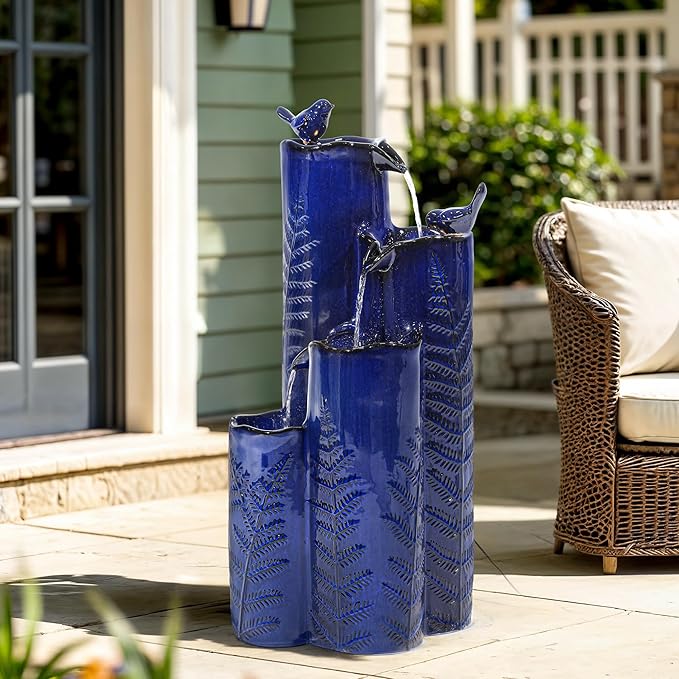 Autodaya 32" H Ceramic Outdoor Water Fountain with LED Lights, 4-Tier Vase | Cascading Waterfall with Cobalt Blue Glaze, Fern-Texture, Upgraded Pump, Bird Water Feature for Garden Patio Yard Porch Decor