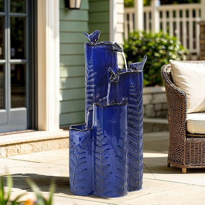 Autodaya 32" H Ceramic Outdoor Water Fountain with LED Lights, 4-Tier Vase | Cascading Waterfall with Cobalt Blue Glaze, Fern-Texture, Upgraded Pump, Bird Water Feature for Garden Patio Yard Porch Decor