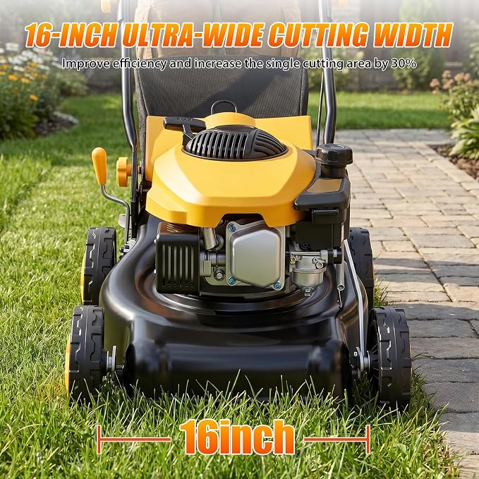 Self Propelled Gas Lawn Mower 16 Inch, 132 cc 4-Cycle Engine, 3-in-1 Rear Wheel Drive Variable Speed Lawn Mower with Mulching, Bagging, Lightweight, Powerful Lawnmower for Garden Yard, Easy Start