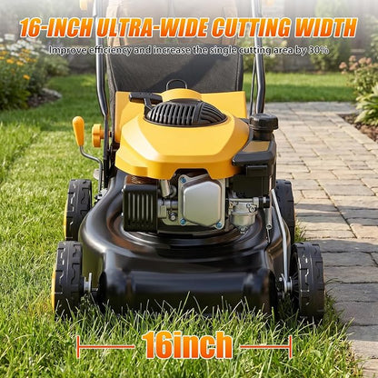 Self Propelled Gas Lawn Mower 16 Inch, 132 cc 4-Cycle Engine, 3-in-1 Rear Wheel Drive Variable Speed Lawn Mower with Mulching, Bagging, Lightweight, Powerful Lawnmower for Garden Yard, Easy Start