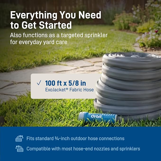 Orbit ExoJacket Fabric Garden Hose - 100 ft x 5/8 in - Heavy-Duty Fabric - Durable ExoJacket Construction - Antikink Technology for Constant Water Flow - Lightweight Professional-Grade Hose - 33180