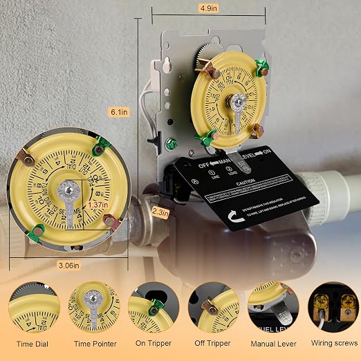 T101M Mechanical Timer Switch (Mechanism Only) - 120V 2HP 40A SPST Pool Pump Timers, 12 ON/Off 24 Hour Wall Timer Switches with Tripper for Lights, Water Heater, Pool Pump Systems