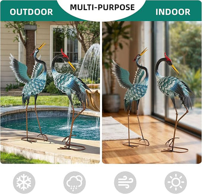Extra-Large Crane Statue, 36.8" Handcrafted Metal Blue Heron Decor Sculptures with Stable U-Ground Stakes, Backyard Decoration, Metal Garden Bird Animal Yard Art, Lawn Ornament Decor