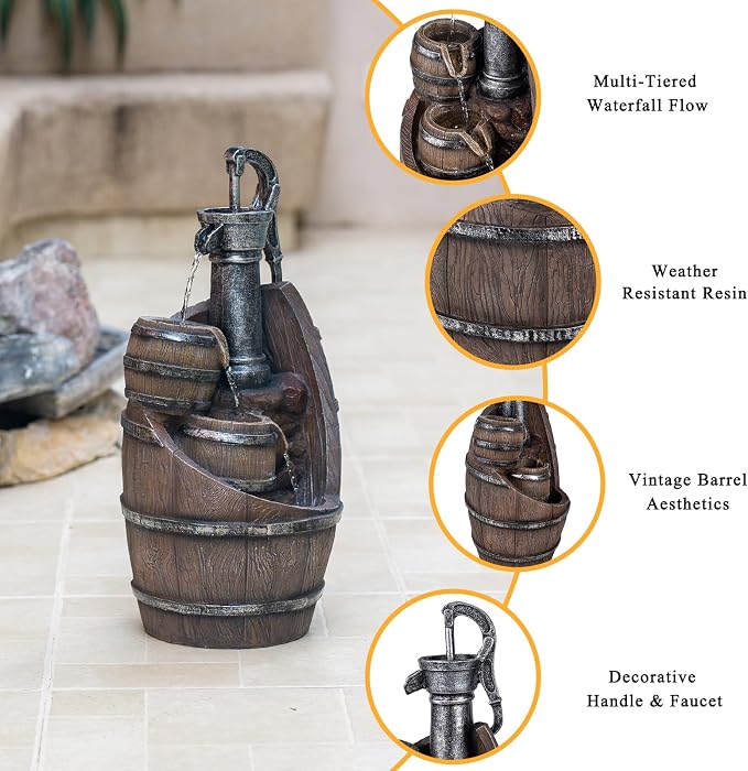 21.7" H Barrel Water Fountains Outdoor with LED Lights, Garden Fountains for Yard Patio Backyard Deck Decor