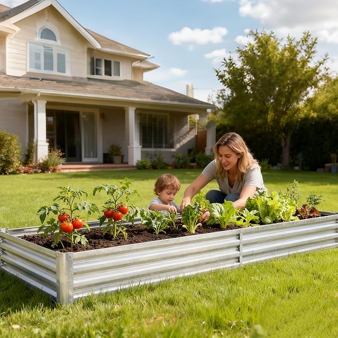 DUMOS Galvanized Raised Garden Bed with Cover, 8x4x1ft Metal Planter Box Outdoor for Deep-Rooted Vegetables Flowers Herbs, Garden Bed Mini Greenhouse for Patio Balcony Backyard, Open Bottom, Clear