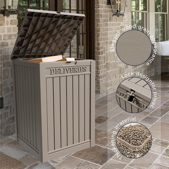 50-Gallon Package Delivery Box for Outside - Resin Storage with Sign & Lockable Secure, Waterproof Package Drop Box with Pre-Installation Hole for Curbside, Porch, Khaki