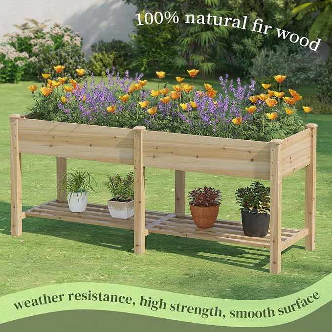 72x24x30.5in Raised Garden Bed Elevated Wood Planter Box with Shelf Garden Planter with Legs for Backyard, Patio, Balcony w/Divider Liner, 300lb Capacity -(Natural)