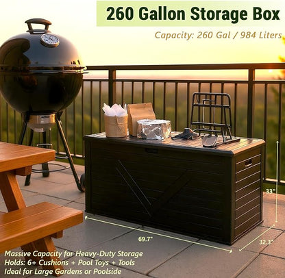 Outdoor Storage Box,260 Gallon Deck Box Outdoor Storage Bench Outside Waterproof Resin Storage Bench, Lockable Patio Cushions, Garden Tools Storage For Furniture, UV Resistant