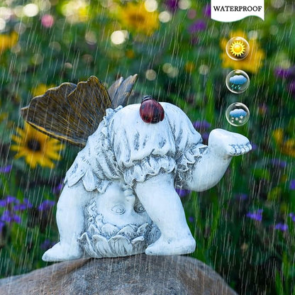 Suyorpe Solar Fairy Garden Statue Decor - Gifts for Women Mom Mother's Day, Angel Boy Resin Figurine Waterproof Home Decoration with Ladybug LED Lights for Outdoor Balcony Lawn Yard Patio