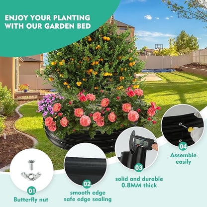 12 Inch Tall 36 Inch Diameter Round Black Raised Garden Bed Kits Outdoor | 1 FT Tall,3 FT Planter Bed for Flowers,Herbs,Vegetables,Trees,0.8MM Thick Galvanized Metal Painted,with Gloves,Tool free
