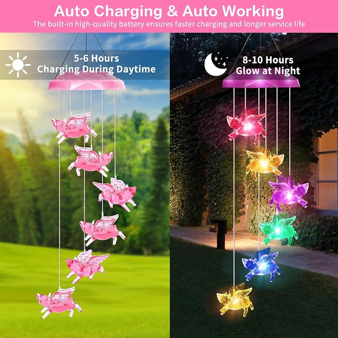 Solar Wind Chimes for Outside- Pig Wind Chimes Pink, | 7 Colors Changing Outdoor, Best Gifts for Mom Grandma Women Wife Aunt Sister, Hanging Wind Chime for Home Garden Yard Decor