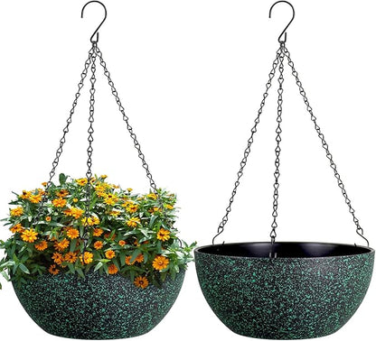 WSMKSZ 13inch Large Hanging Planters Pots for Outdoor Indoor Plants with Drainage Holes and Chain, 2pack Round Hanging Flower Pots for Garden Home Porch Decor, Black with Green Speckles