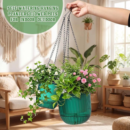 Maxcheck 2 Pcs Self Watering Hanging Planters Indoor Gift 6.5'' 4.5'' Hanging Flower Pots Baskets Outdoor Emerald Self Watering Plant with 2 Hooks Drainage Holes for Home
