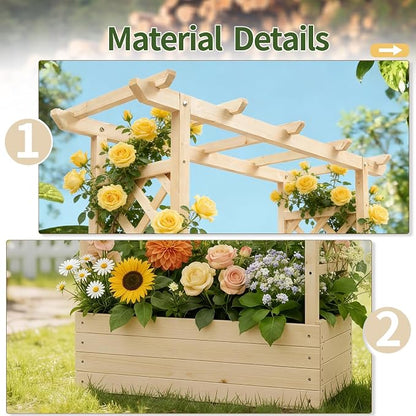 Vasitelan Raised Garden Bed with Trellis, Wooden Elevated Planter Box w/Drainage Holes & Removable Bottom Panels for Climbing Vine Flower, Indoor Outdoor Wood Planter for Yard Patio (Natural)