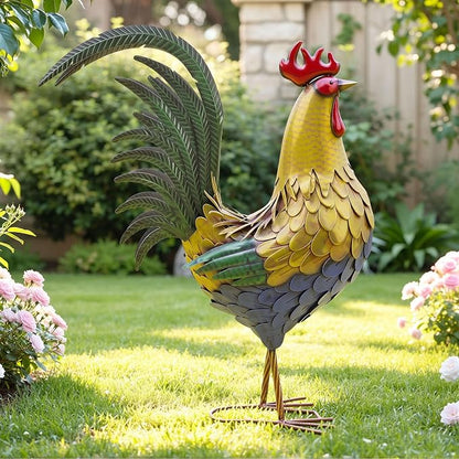 32" Oversized Metal Rooster Statue, Large Yard & Kitchen Decor | Durable Metal with Hand-Painted Finish, Farmhouse Rooster Chicken Decor for Yard, Garden, Patio