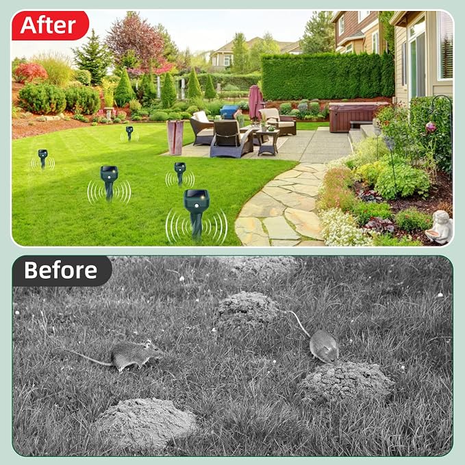 Mole Repellent Solar Powered, 8 Pack Snake & Skunk Repellent for Yard, IP 65 Waterproof Ultrasonic Deterrent Stakes, Get Rid of Rabbit, Gopher, Vole, Chipmunk, Deer, Groundhog for Lawns Garden