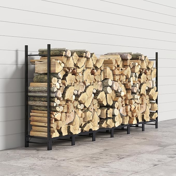 Helios&Hestia 8Ft Outdoor Firewood Rack for Fireplace, Heavy Duty Steel Log Holder, Indoor Wood Pile Storage Organizer, Adjustable Stacker Stand, Black