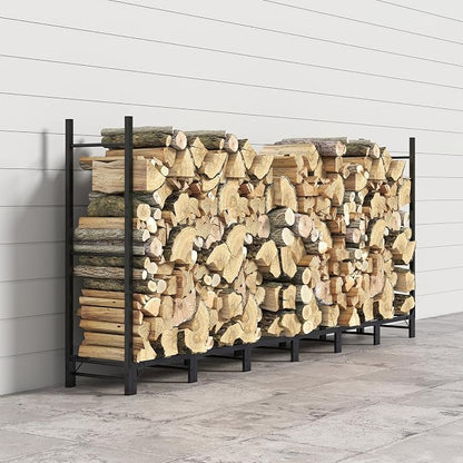 Helios&Hestia 8Ft Outdoor Firewood Rack for Fireplace, Heavy Duty Steel Log Holder, Indoor Wood Pile Storage Organizer, Adjustable Stacker Stand, Black