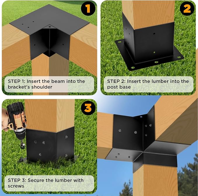 Pergola Bracket, 3-Way Pergola Right Angle Bracket, Raised Wood Bracket for 6"x6" (Inner Dimensions: 5.5"x5.5") Wooden Beam, Pergola, Garden, Gazebo,... (Set 8)