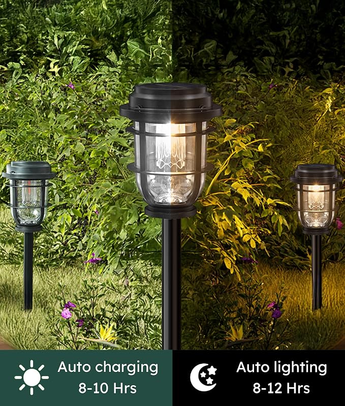 Vuees 6-Pack Solar Pathway Lights, 3-in-1 Design Outdoor Garden Patio Decor | 3000K warm glow, stake, tabletop or hanging setup, no wiring, rain-ready build, walkway, poolside and deck placement