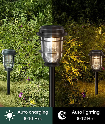 Vuees 6-Pack Solar Pathway Lights, 3-in-1 Design Outdoor Garden Patio Decor | 3000K warm glow, stake, tabletop or hanging setup, no wiring, rain-ready build, walkway, poolside and deck placement