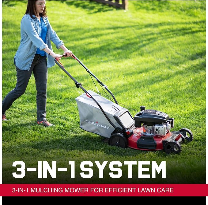 PowerSmart 21-Inch Self Propelled Gas Lawn Mower, 170cc OHV Engine, Rear-Wheel Drive, Steel Deck, 3-in-1 Walk-Behind Mower