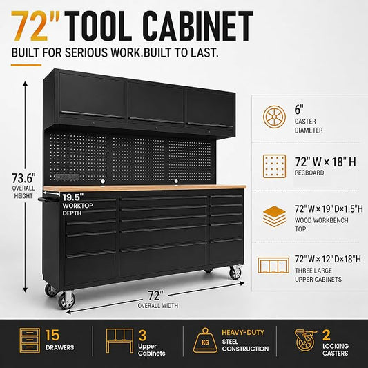 CHETTO C 72-inch Rolling Tool Chest Cabinet Mobile Workbench Black Tool Box with 3 Upper Cabinet 15 Storage Drawers Wheels Outlet SS Pegboard for Warehouses