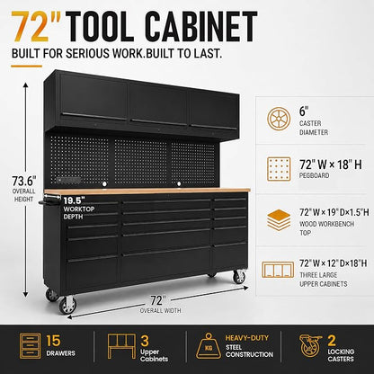 CHETTO C 72-inch Rolling Tool Chest Cabinet Mobile Workbench with 15 Storage Drawers and Wheels 3 Uper Cabinet Outlet SS Pegboard Black Tool Box for Garage