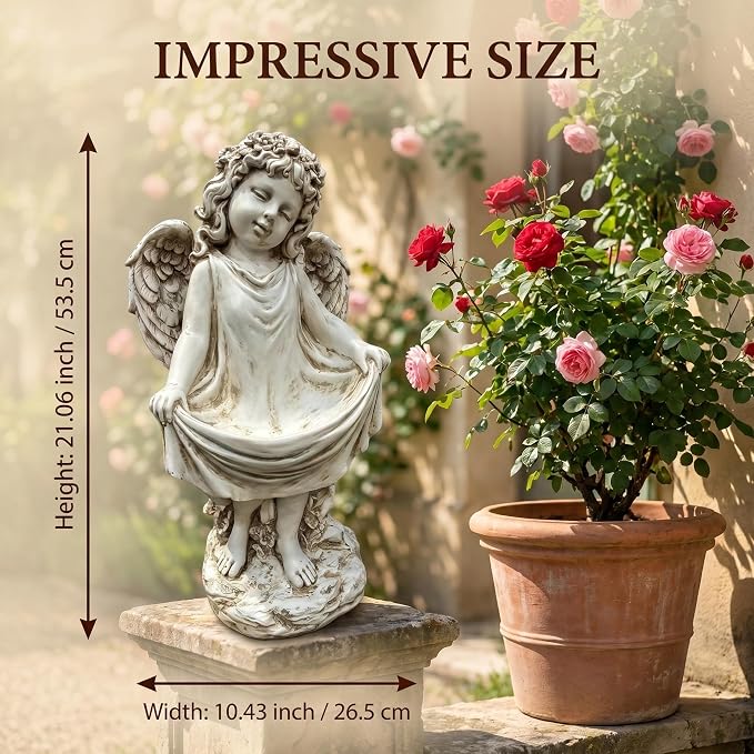21" Tall Weathered White Angel Cherub Garden Statue, Resin Vintage Dress Sculpture Figurine, All Weather Indoor Outdoor Decor for Yard Lawn Patio Backyard Memorial