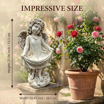 21" Tall Weathered White Angel Cherub Garden Statue, Resin Vintage Dress Sculpture Figurine, All Weather Indoor Outdoor Decor for Yard Lawn Patio Backyard Memorial