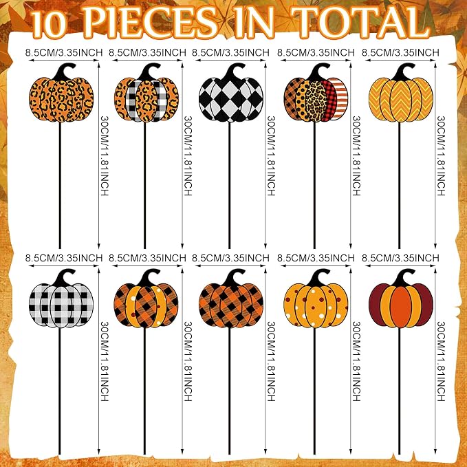 10 Pcs Fall Pumpkin Metal Garden Stakes Autumn Colorful Pumpkin Yard Signs Thanksgiving Decorative Garden Stakes Harvest Metal Yard Signs for Indoor Outside Porch Lawn Decor