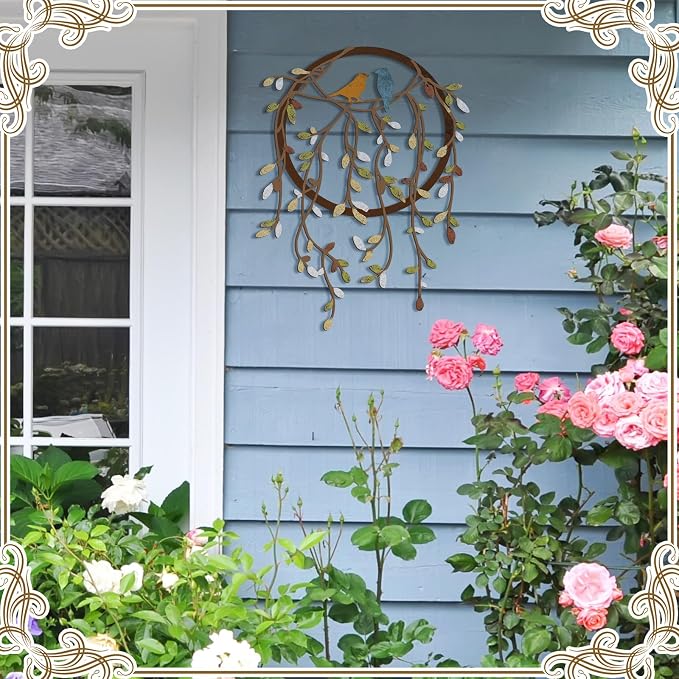 Ferraycle Metal Wall Art Bird on Tree Branch Silhouette with Drooping Vines Bird Art Decor Rustic Metal Spring Decor for Living Room Outdoor Garden Porch Wall Housewarming Party Gift(Classic Color)