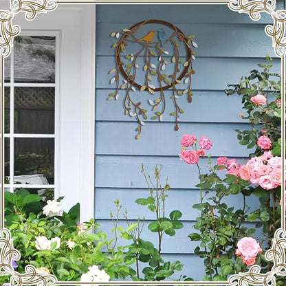 Ferraycle Metal Wall Art Bird on Tree Branch Silhouette with Drooping Vines Bird Art Decor Rustic Metal Spring Decor for Living Room Outdoor Garden Porch Wall Housewarming Party Gift(Classic Color)